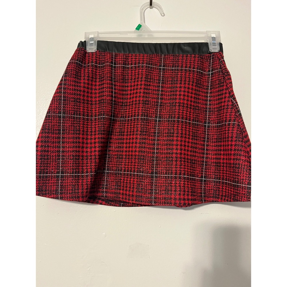 Amy Byer Girls Red Black Plaid Metallic Skort Faux Leather Waistband Size M10-12 - Picture 4 of 5